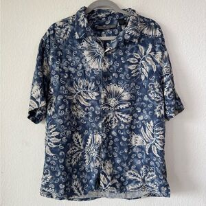 Axis Men’s Hawaiian Shirt‎ Blue Floral Paisley Print 100% Silk Size L Coastal